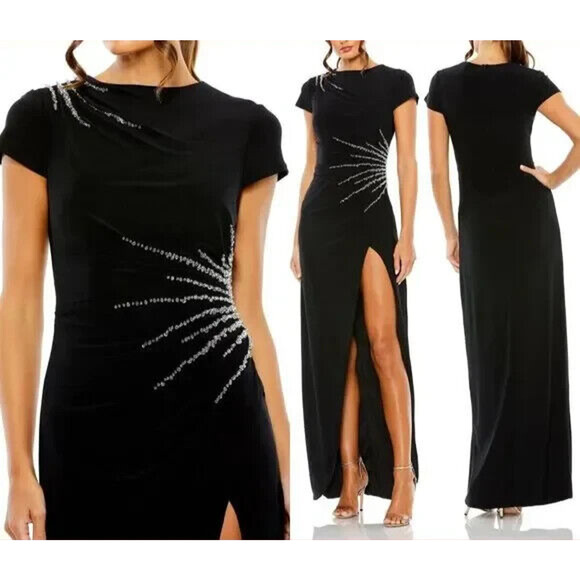 NWT Mac Duggal 11670‎ Slit Gown with Side Beaded Sequins Black Sz 8 $398 - Picture 1 of 6